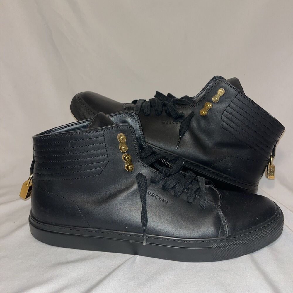 Buscemi Black/Gold trim High Top Leather Designer Shoes Size 46 EU Made in Italy